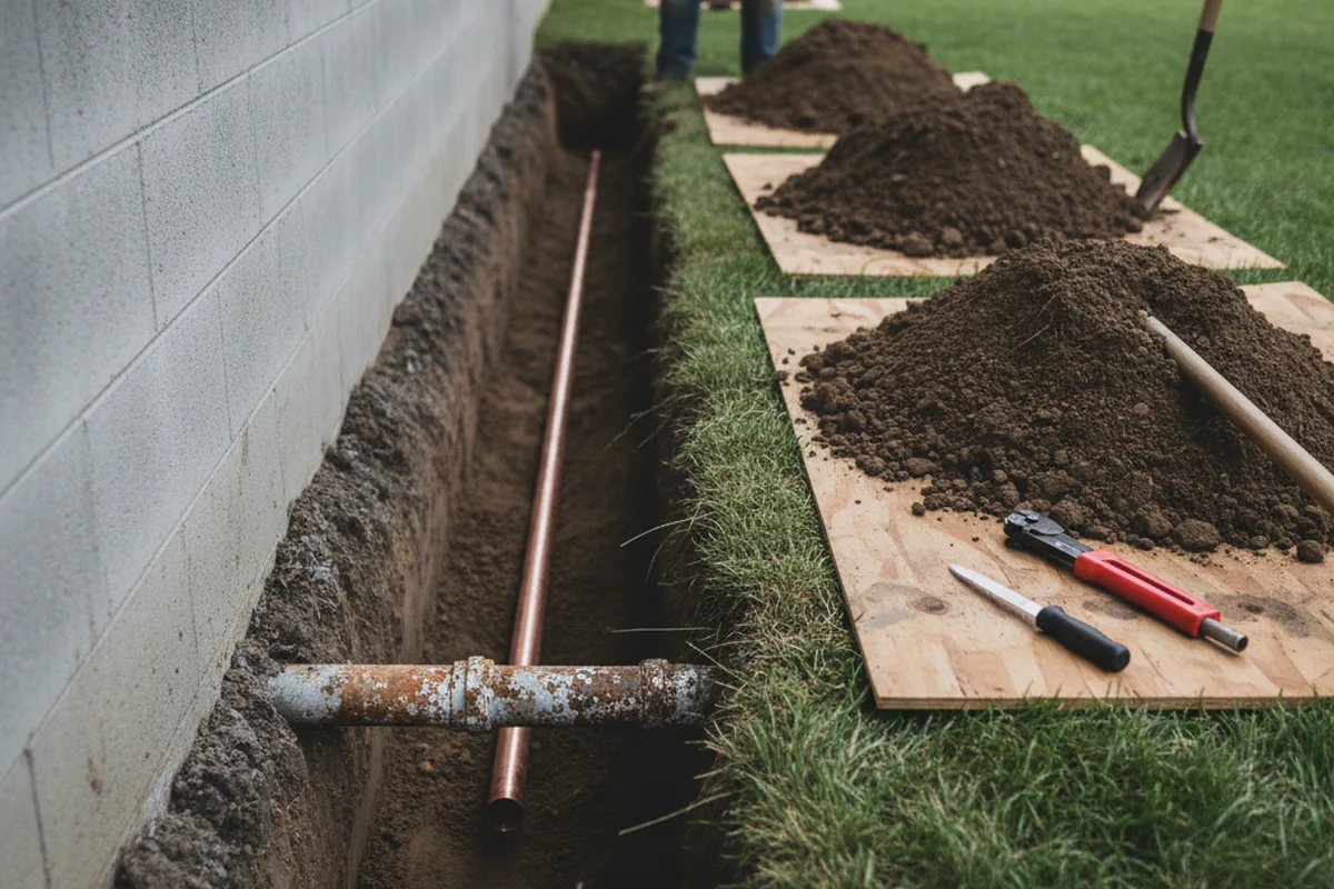 Excavated water line trench during Sewer Line Repair in Lake Village